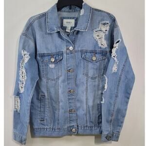 Forever 21 Jean Jacket Womens Small Distressed Blue Punk Rock Grunge Jacket
